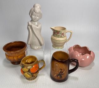 Assorted Ceramics Including Geisha Petal Bowl Pitcher Vase and Two Mugs (Muriyama)