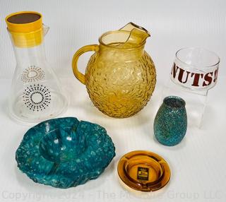 MCM Grouping: Globe Pitcher, Pyrex Glass Carafe, Juice Lemonade Pitcher, Blue Votive Light Holder, Stone Ash Tray & Best Western Branded Ash Tray