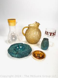 MCM Grouping: Globe Pitcher, Pyrex Glass Carafe, Juice Lemonade Pitcher, Blue Votive Light Holder, Stone Ash Tray & Best Western Branded Ash Tray