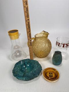 MCM Grouping: Globe Pitcher, Pyrex Glass Carafe, Juice Lemonade Pitcher, Blue Votive Light Holder, Stone Ash Tray & Best Western Branded Ash Tray