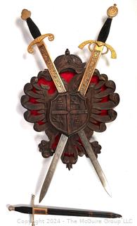 Wall Mount Made in Toledo Spain Carved Coat of Arms Shield with Decorative Swords. 