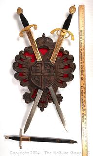 Wall Mount Made in Toledo Spain Carved Coat of Arms Shield with Decorative Swords. 