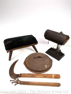 Antique Foot Rest, Desk Lamp, Cast Iron Lid and Hand Tools (Sickle and Claw)