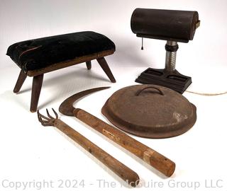 Antique Foot Rest, Desk Lamp, Cast Iron Lid and Hand Tools (Sickle and Claw)