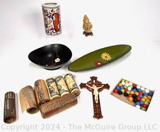 Grouping including Novelty Fire Starter Money Rolls, Crucifix, Ceramic Vase, Two Serving Trays & Small Asian Stone Carving in Wood Plinth
