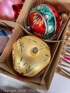 Hand Painted Mercury Glass Christmas Ornaments with Indents Santa Land Made in Poland with Original Boxes.