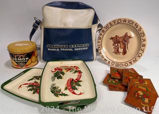 Mixed Lot: American Express Satchel Bag; Display Plate of Branding Iron Designs; set of Coasters/Hot plates; Advertising Tin and Two Holiday Serving Trays