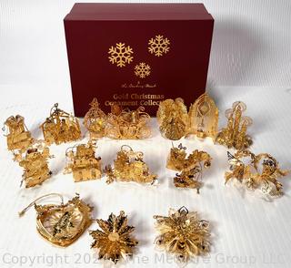 Box of Danbury Mint Gold Metal Christmas Ornaments