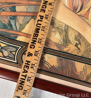 Framed Under Glass Art Nouveau Print by Alphonse Mucha 1899. Second in a series of four offered in this auction.  15.5" x 44"