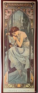 Framed Under Glass Art Nouveau Print by Alphonse Mucha 1899. Fourth in a series of four offered in this auction.  15.5" x 44"