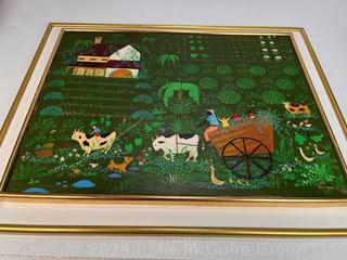 Framed Oil on Canvas Primitive Farm Scene Signed by Artist Runprecht. 22 x 28.5"