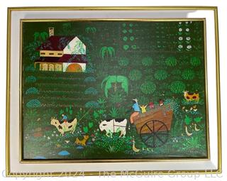 Framed Oil on Canvas Primitive Farm Scene Signed by Artist Runprecht. 22 x 28.5"