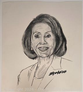 Unframed Original Charcoal Pencil on Paper of Nancy Pelosi Signed by Artist Douglas Edwards. 10 x 12"