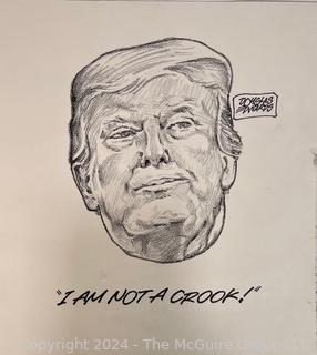 Unframed Original Charcoal Pencil on Paper of Donald Trump "I Am Not A Crook" Signed by Artist Douglas Edwards. 9 x 11" (1002AE)