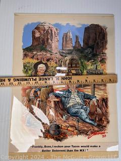 Unframed Paint on Board Titled Chuck Wagon Days with Ronald Reagan and Tip O'Neill Signed by Artist Douglas Edwards 1983.  13 x 18" (1003AE)