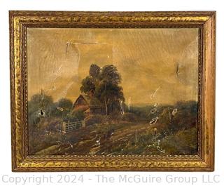 Gilt Framed Oil on Canvas Landscape of Rural Cottage Signed by Artist Edwin Cole (British, 1868-1935). Damage to Canvas. 15 x 19" (0409VB)