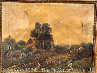 Gilt Framed Oil on Canvas Landscape of Rural Cottage Signed by Artist Edwin Cole (British, 1868-1935). Damage to Canvas. 15 x 19" (0409VB)