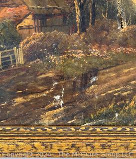 Gilt Framed Oil on Canvas Landscape of Rural Cottage Signed by Artist Edwin Cole (British, 1868-1935). Damage to Canvas. 15 x 19" (0409VB)