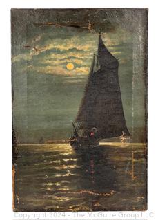 Unframed Oil on Canvas of Boat at Night Signed by Artist JW 1906.  Damage to canvas. 12 x 18" (was 411VB)