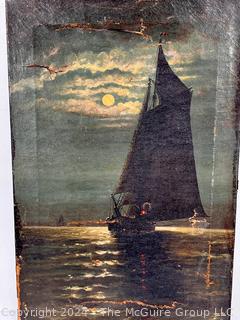 Unframed Oil on Canvas of Boat at Night Signed by Artist JW 1906.  Damage to canvas. 12 x 18" (was 411VB)