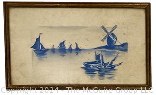 Unsigned Framed Delft Seascape Painting in Old Frame 11 x 17" (0417VB)