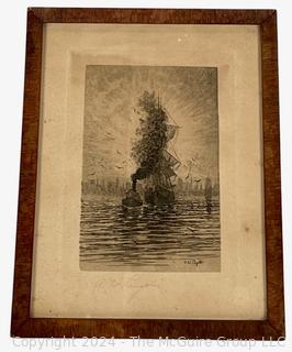 Framed Under Glass Etching Titled "Tow Leaving Buffalo Harbor" by Amos W. Sangster, Double Pencil Signed. 8 x 10" 