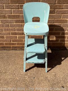 Blue Mid Century Metal Youth Chair Step Stool. 34" Tall