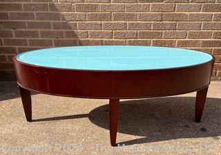 Mahogany Donovan Oval Table with Glass Insert Over Blue Painted Top Surface 43 x 19 x 17"