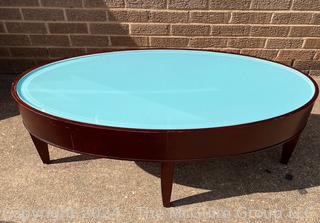 Mahogany Donovan Oval Table with Glass Insert Over Blue Painted Top Surface 43 x 19 x 17"