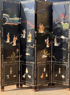 Japanese Black Lacquer with Stone Applique Four Panel Screen.  Some damage and panels unattached. Each Panel is 16 x 72" Tall