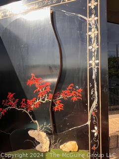 Japanese Black Lacquer with Stone Applique Four Panel Screen.  Some damage and panels unattached. Each Panel is 16 x 72" Tall