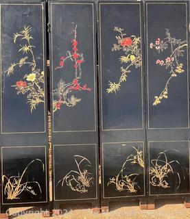 Japanese Black Lacquer with Stone Applique Four Panel Screen.  Some damage and panels unattached. Each Panel is 16 x 72" Tall