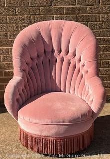 Pink Velvet Scallop and Tufted Slipper Chair with Tassels.  First of two offered in this auction. 26w x 30d x 34" Tall