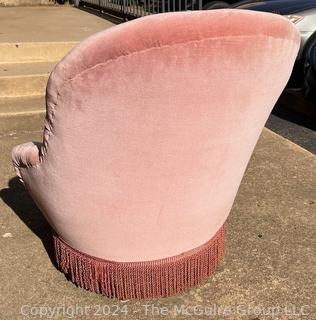 Pink Velvet Scallop and Tufted Slipper Chair with Tassels.  First of two offered in this auction. 26w x 30d x 34" Tall