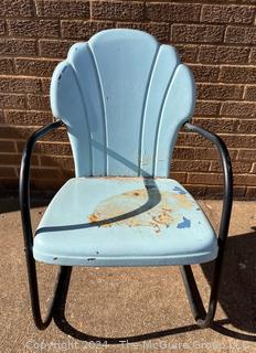 Blue and Black 1940s Iron Clamshell Patio Lawn Chairs.  First of two offered in this auction. 20w x 19d x 32" Tall