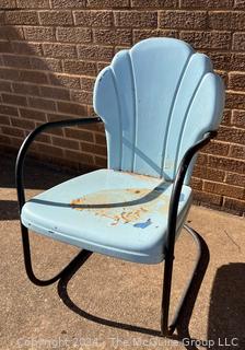 Blue and Black 1940s Iron Clamshell Patio Lawn Chairs.  First of two offered in this auction. 20w x 19d x 32" Tall