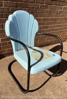 Blue and Black 1940s Iron Clamshell Patio Lawn Chairs.  First of two offered in this auction. 20w x 19d x 32" Tall