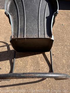 Blue and Black 1940s Iron Clamshell Patio Lawn Chairs.  First of two offered in this auction. 20w x 19d x 32" Tall