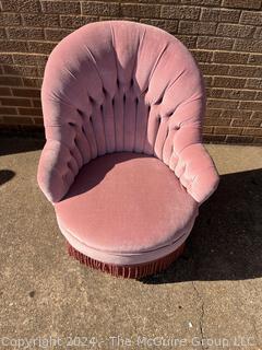 Pink Velvet Scallop and Tufted Slipper Chair with Tassels.  Second of two offered in this auction. 26w x 30d x 34" Tall