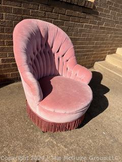 Pink Velvet Scallop and Tufted Slipper Chair with Tassels.  Second of two offered in this auction. 26w x 30d x 34" Tall