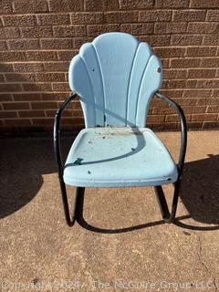 Blue and Black 1940s Iron Clamshell Patio Lawn Chairs.  Second of two offered in this auction. 20w x 19d x 32" Tall