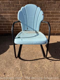 Blue and Black 1940s Iron Clamshell Patio Lawn Chairs.  Second of two offered in this auction. 20w x 19d x 32" Tall