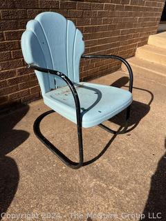 Blue and Black 1940s Iron Clamshell Patio Lawn Chairs.  Second of two offered in this auction. 20w x 19d x 32" Tall