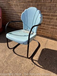 Blue and Black 1940s Iron Clamshell Patio Lawn Chairs.  Second of two offered in this auction. 20w x 19d x 32" Tall