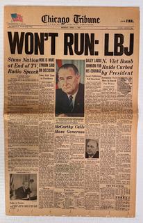 April 1, 1968 Chicago Tribune, Section 1,  "WON'T RUN: LBJ" Original Newspaper