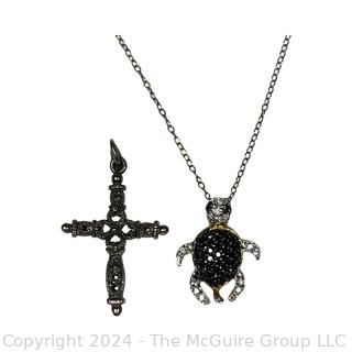 Two (2) Pendants. Sterling Silver Turtle and 825 Marcasite Cross