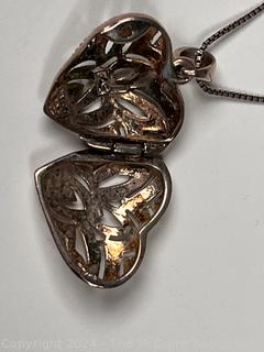 FAS 925 Marcasite Puffed Heart Locket Pendant Necklace