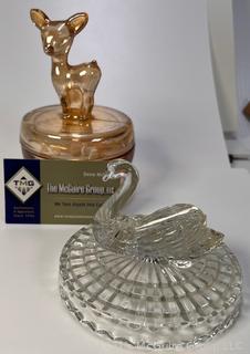 Marigold Carnival Glass Jeannette Fawn Deer Vanity Candy Trinket Dish with Lid AND Jeanette Swan Clear Cut Glass Trinket Candy Dish Lid Only