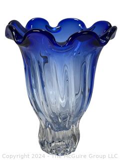 Shannon Crystal Cobalt Blue & Clear Heavy Art Glass Vase. 10" Tall