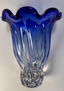 Shannon Crystal Cobalt Blue & Clear Heavy Art Glass Vase. 10" Tall